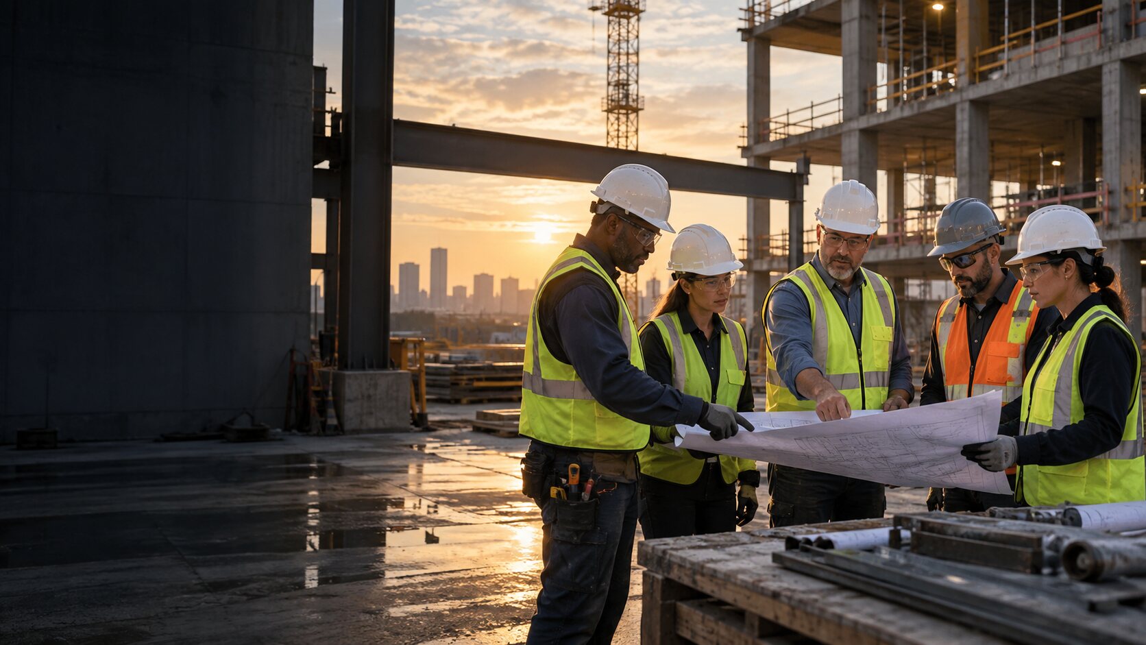 Construction professionals reviewing project plans on an active jobsite